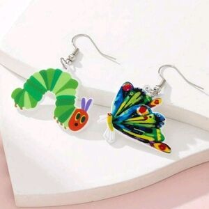 Colorful Hungry Caterpillar and Butterfly Dangle‎ Insect Animal Nature Earrings
